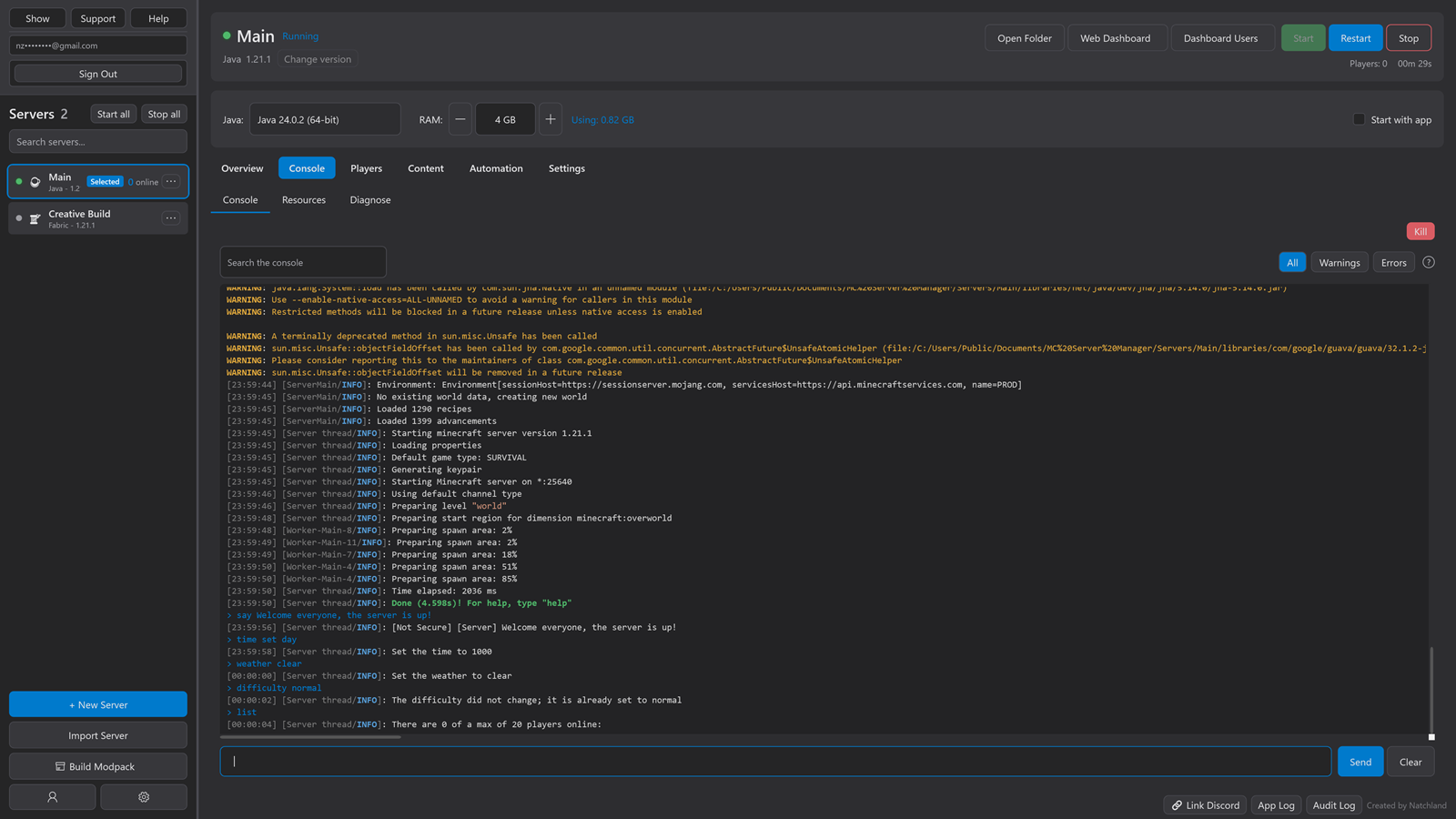 MC Server Manager with a Java server running, showing the live server console filling the window