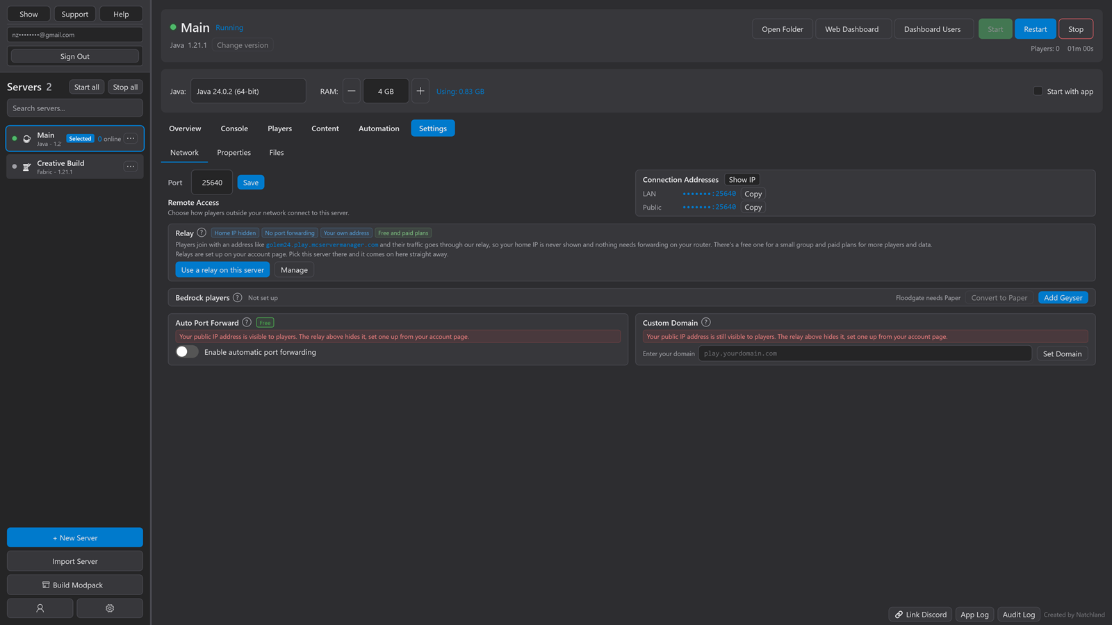 The network settings for a server in MC Server Manager, offering a relay, Bedrock players through Geyser, automatic port forwarding or a custom domain
