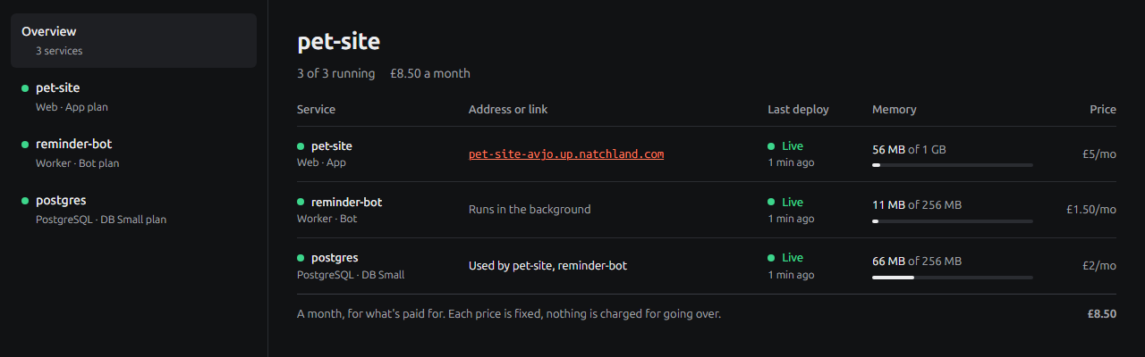 A NatchHosting project with a web app, a bot and a Postgres database all live, their memory use and an £8.50 monthly total