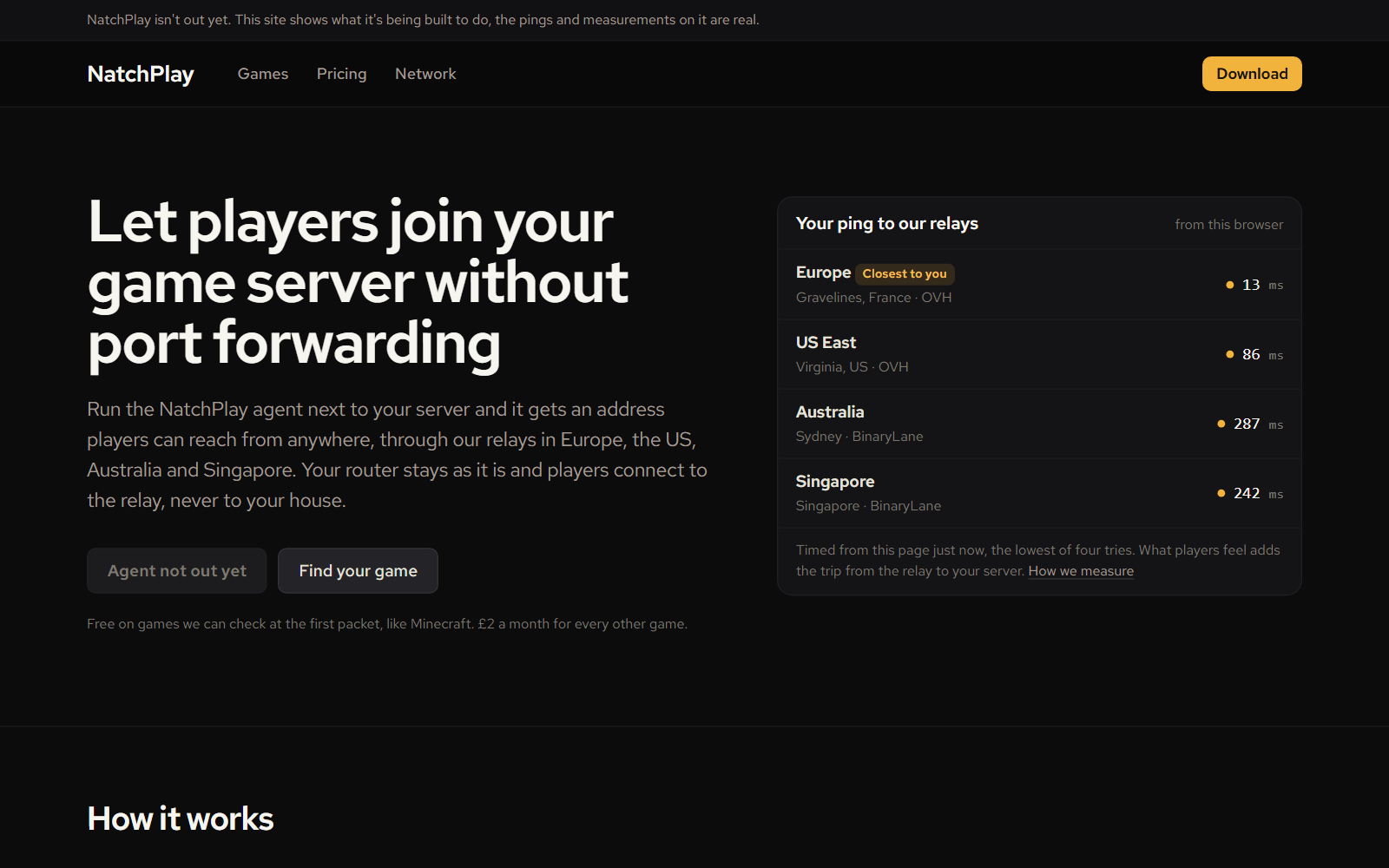 The NatchPlay website with the ping from the visitor's browser to relays in Europe, US East, Australia and Singapore