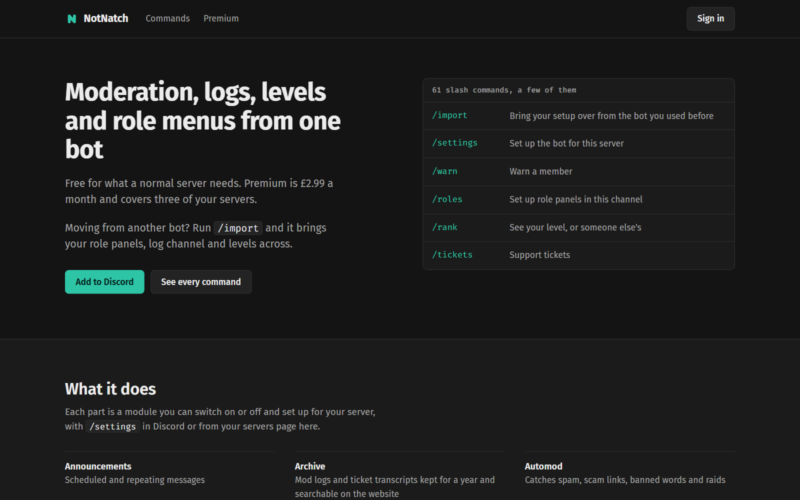 The NotNatch website, with a list of its slash commands beside the Add to Discord button